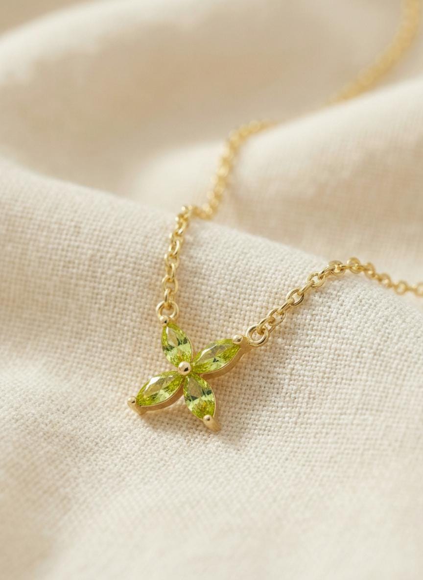 Peridot Necklace Marquise Flower Pendant Bridesmaid Gift  August Birthstone Charm Dainty Floral Cross