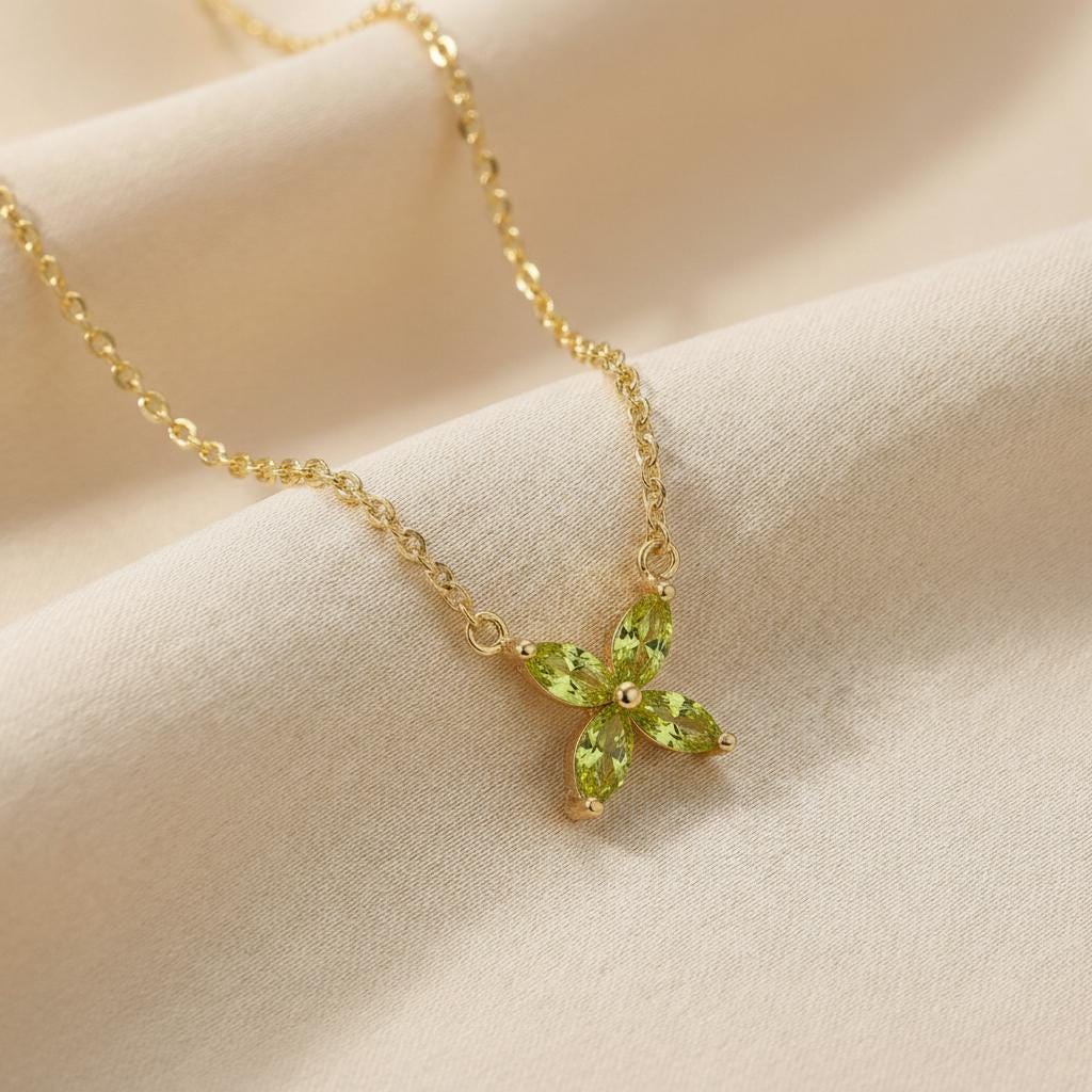 Peridot Necklace Marquise Flower Pendant Bridesmaid Gift  August Birthstone Charm Dainty Floral Cross