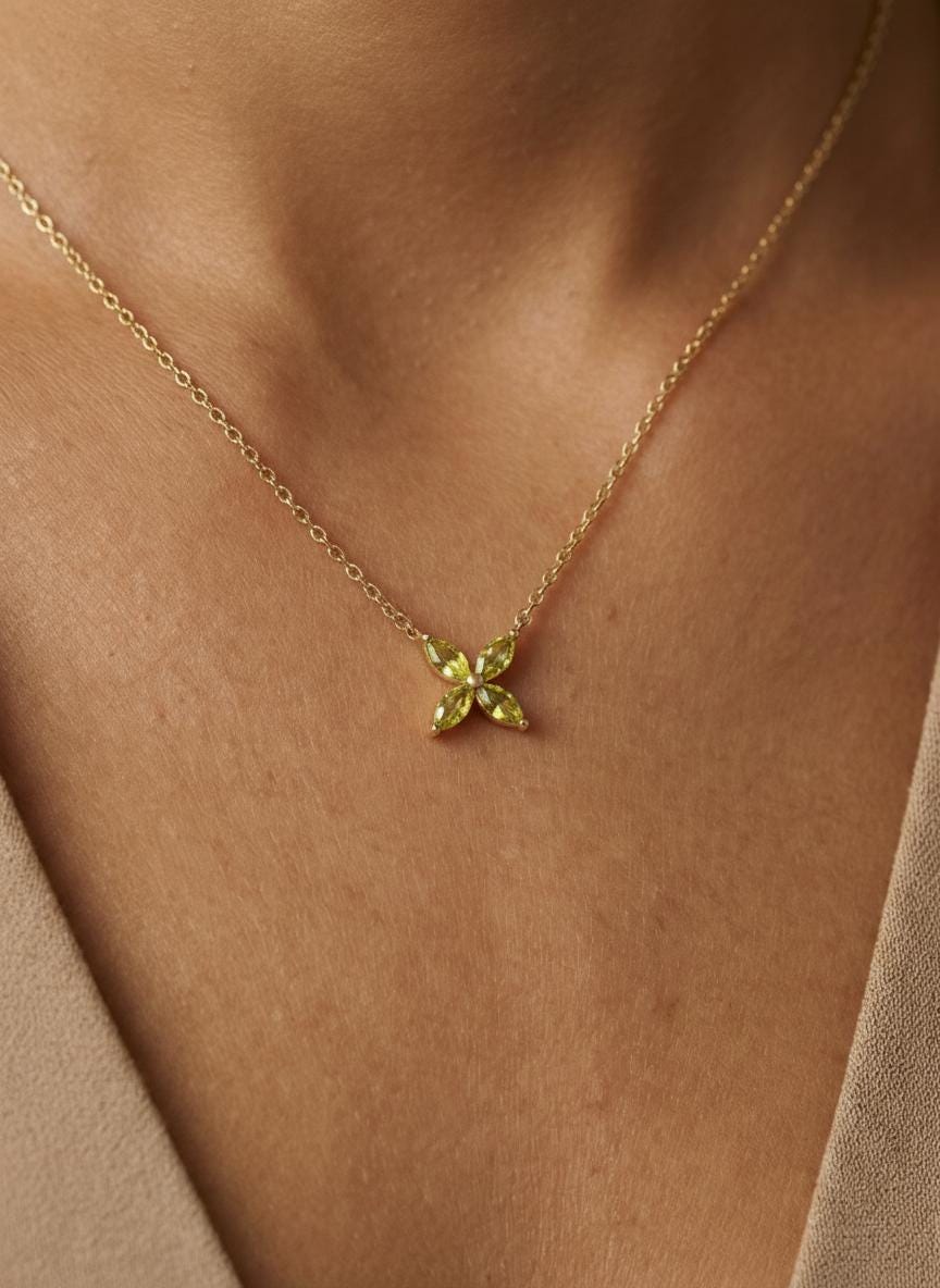Peridot Necklace Marquise Flower Pendant Bridesmaid Gift  August Birthstone Charm Dainty Floral Cross
