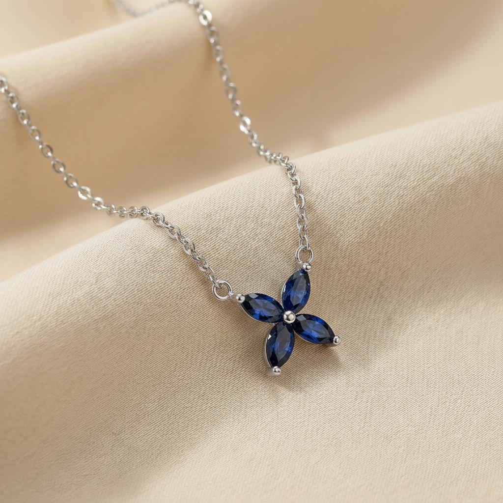 Sapphire Flower Necklace Royal Blue Pendant September Birthstone Jewelry Bridesmaid Gift Dainty Floral Charm Wedding Party Favor