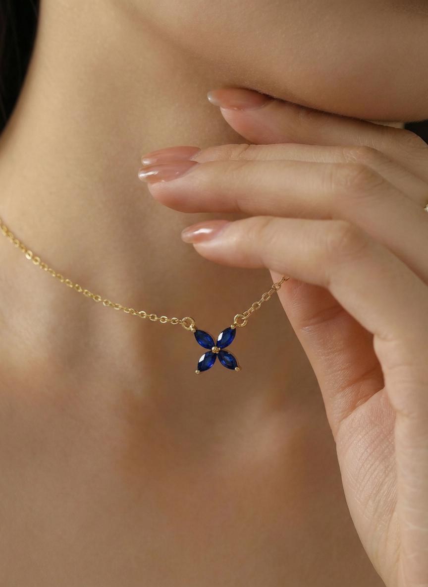 Sapphire Flower Necklace Royal Blue Pendant September Birthstone Jewelry Bridesmaid Gift Dainty Floral Charm Wedding Party Favor