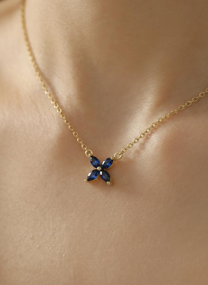 Sapphire Flower Necklace Royal Blue Pendant September Birthstone Jewelry Bridesmaid Gift Dainty Floral Charm Wedding Party Favor
