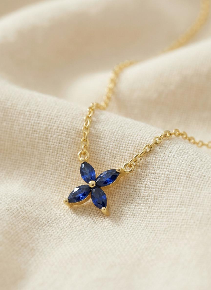 Sapphire Flower Necklace Royal Blue Pendant September Birthstone Jewelry Bridesmaid Gift Dainty Floral Charm Wedding Party Favor