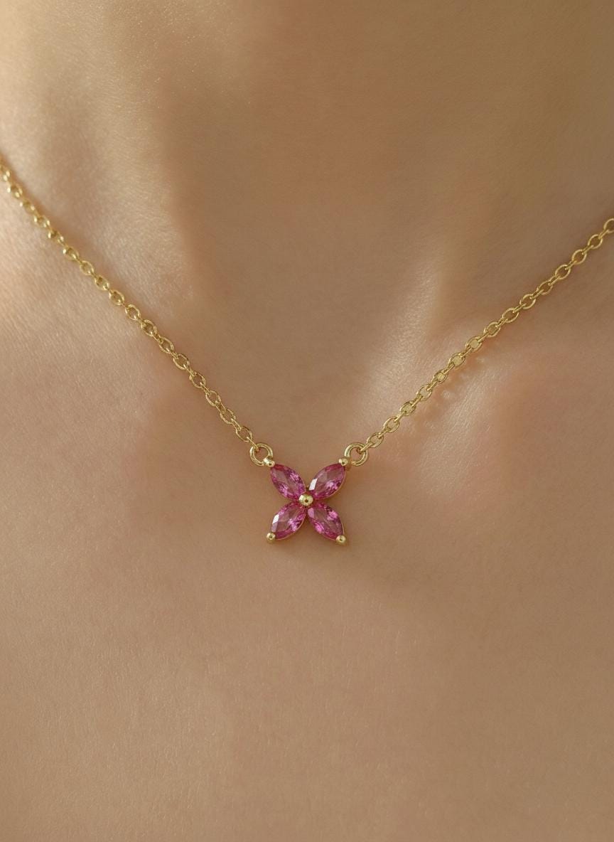Pink Tourmaline Birthstone Necklace, Dainty Flower Pendant, October Birthstone Jewelry, Bridesmaid Necklace, Bridal Party Gift