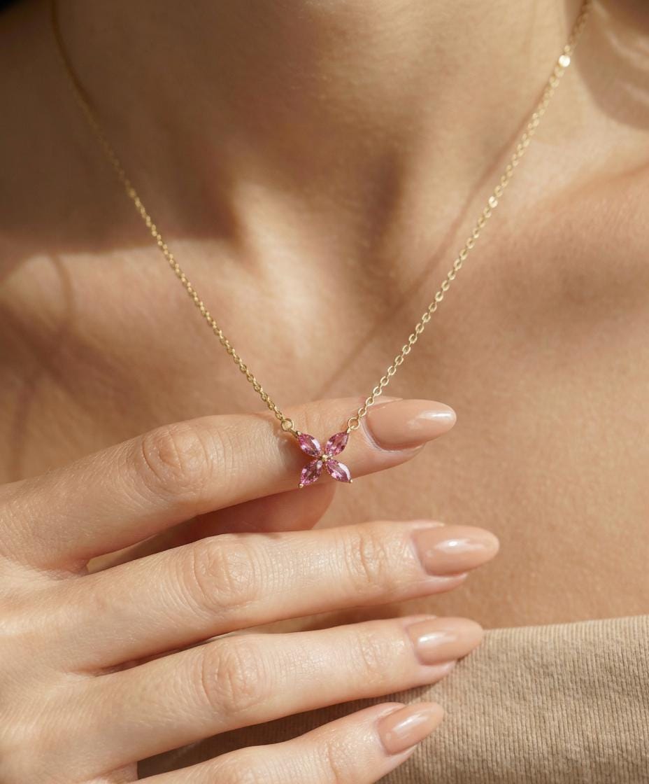 Pink Tourmaline Birthstone Necklace, Dainty Flower Pendant, October Birthstone Jewelry, Bridesmaid Necklace, Bridal Party Gift