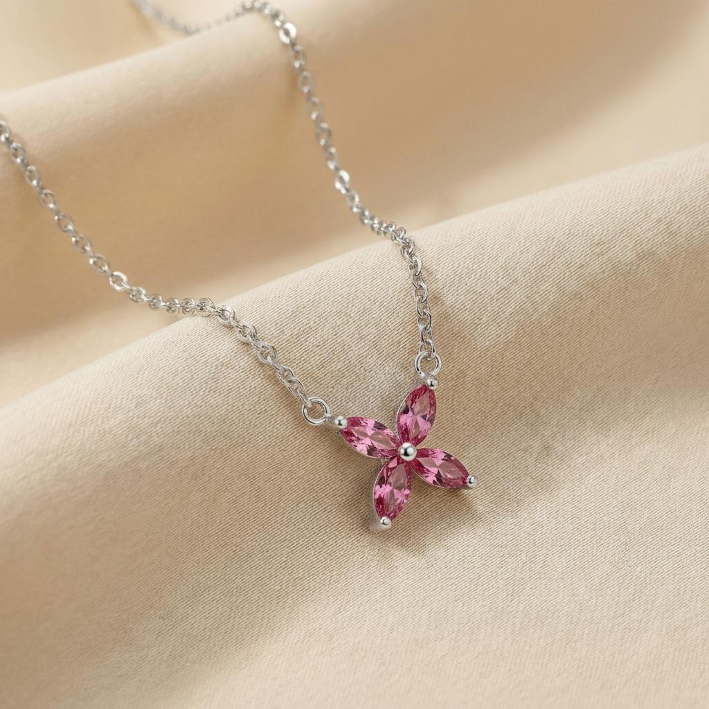Pink Tourmaline Birthstone Necklace, Dainty Flower Pendant, October Birthstone Jewelry, Bridesmaid Necklace, Bridal Party Gift