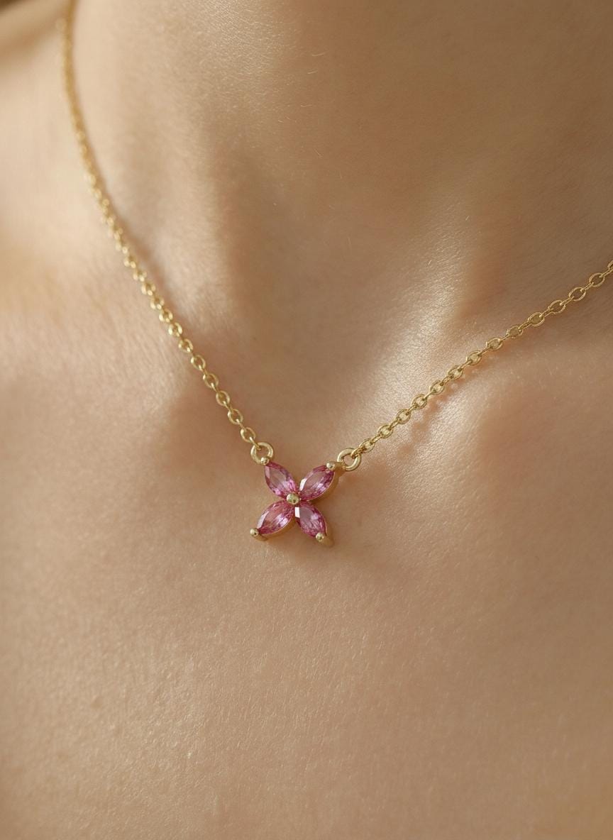 Pink Tourmaline Birthstone Necklace, Dainty Flower Pendant, October Birthstone Jewelry, Bridesmaid Necklace, Bridal Party Gift