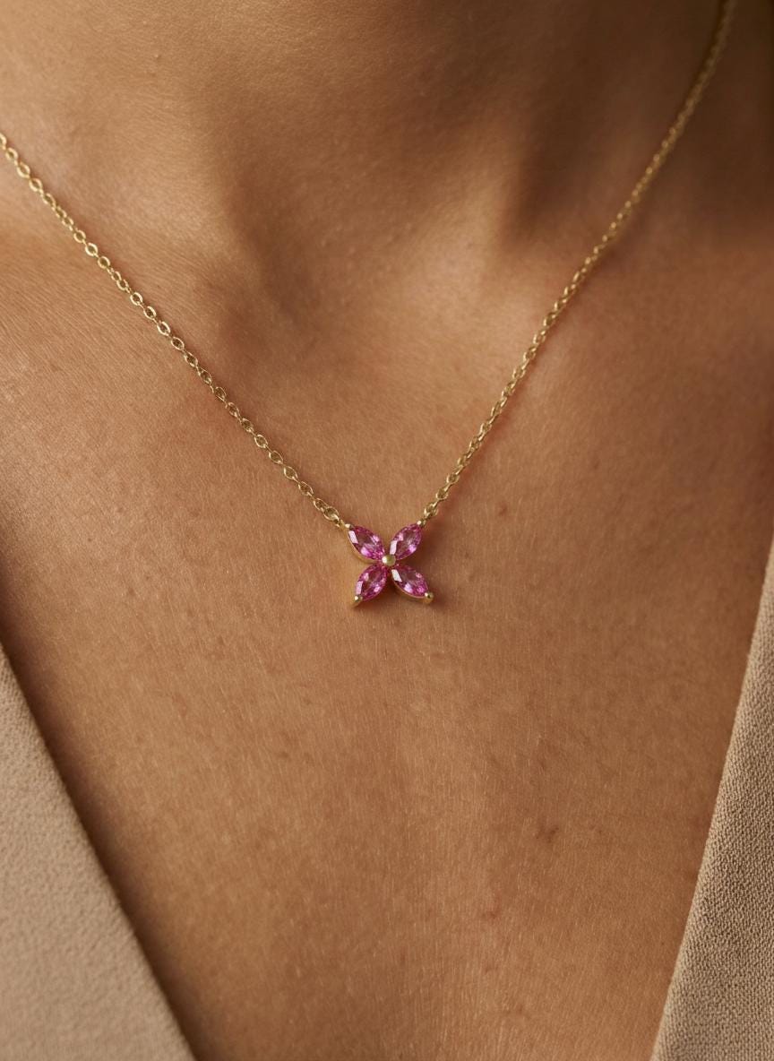 Pink Tourmaline Birthstone Necklace, Dainty Flower Pendant, October Birthstone Jewelry, Bridesmaid Necklace, Bridal Party Gift