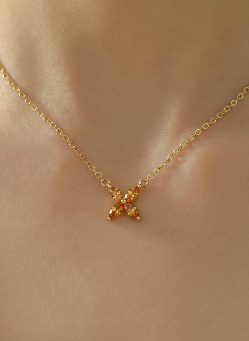 Citrine Birthstone Necklace, Dainty Flower Pendant, November Birthstone Jewelry, Bridesmaid Necklace, Minimalist Bridal Party Gift