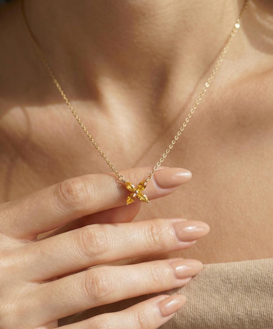 Citrine Birthstone Necklace, Dainty Flower Pendant, November Birthstone Jewelry, Bridesmaid Necklace, Minimalist Bridal Party Gift