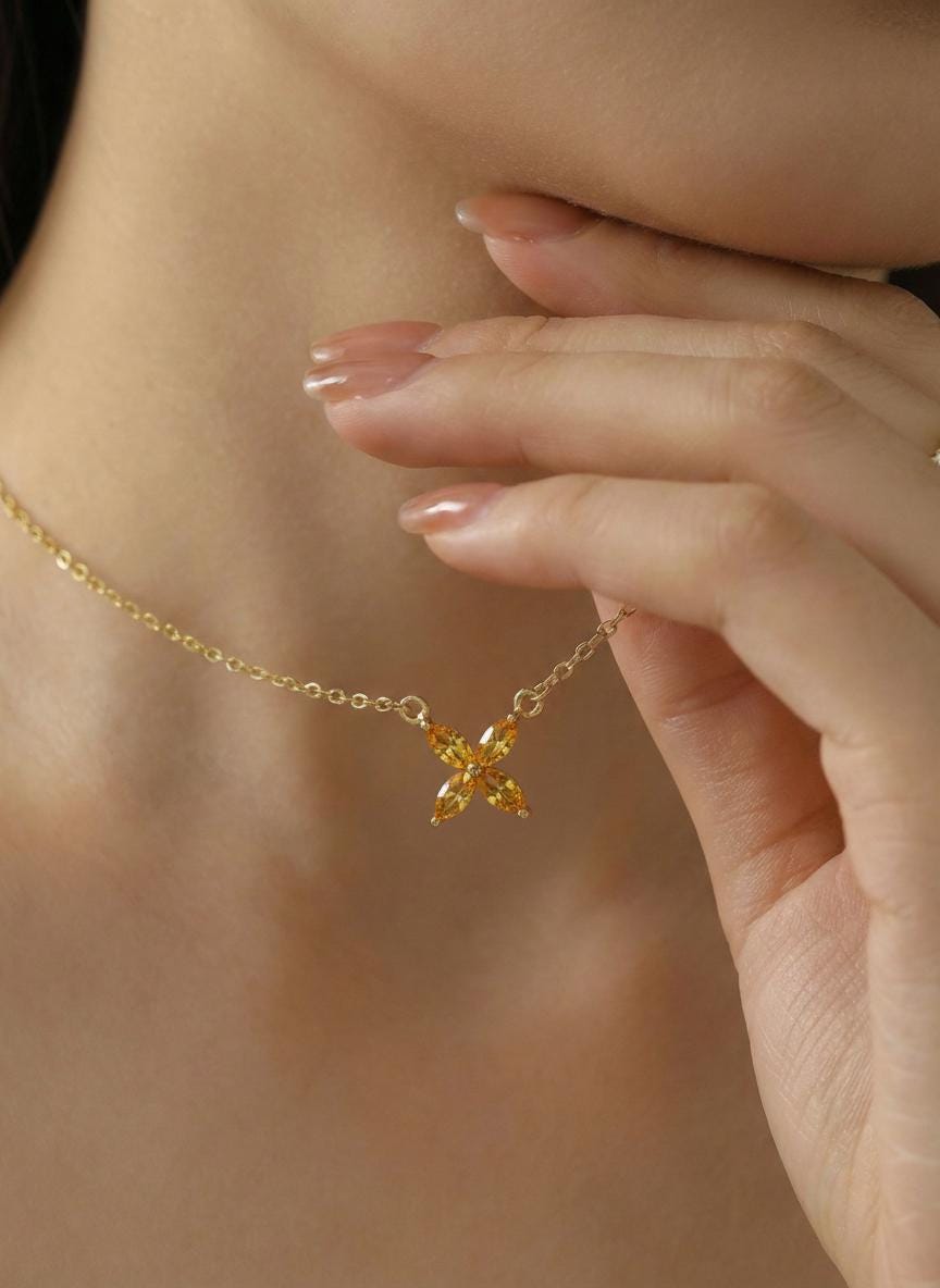 Citrine Birthstone Necklace, Dainty Flower Pendant, November Birthstone Jewelry, Bridesmaid Necklace, Minimalist Bridal Party Gift