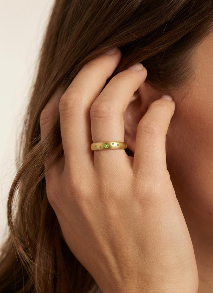 Peridot Flush Set Band, August Birthstone Ring, Celestial Galaxy Stacking Ring, Dainty Green Gemstone Push Present for Her
