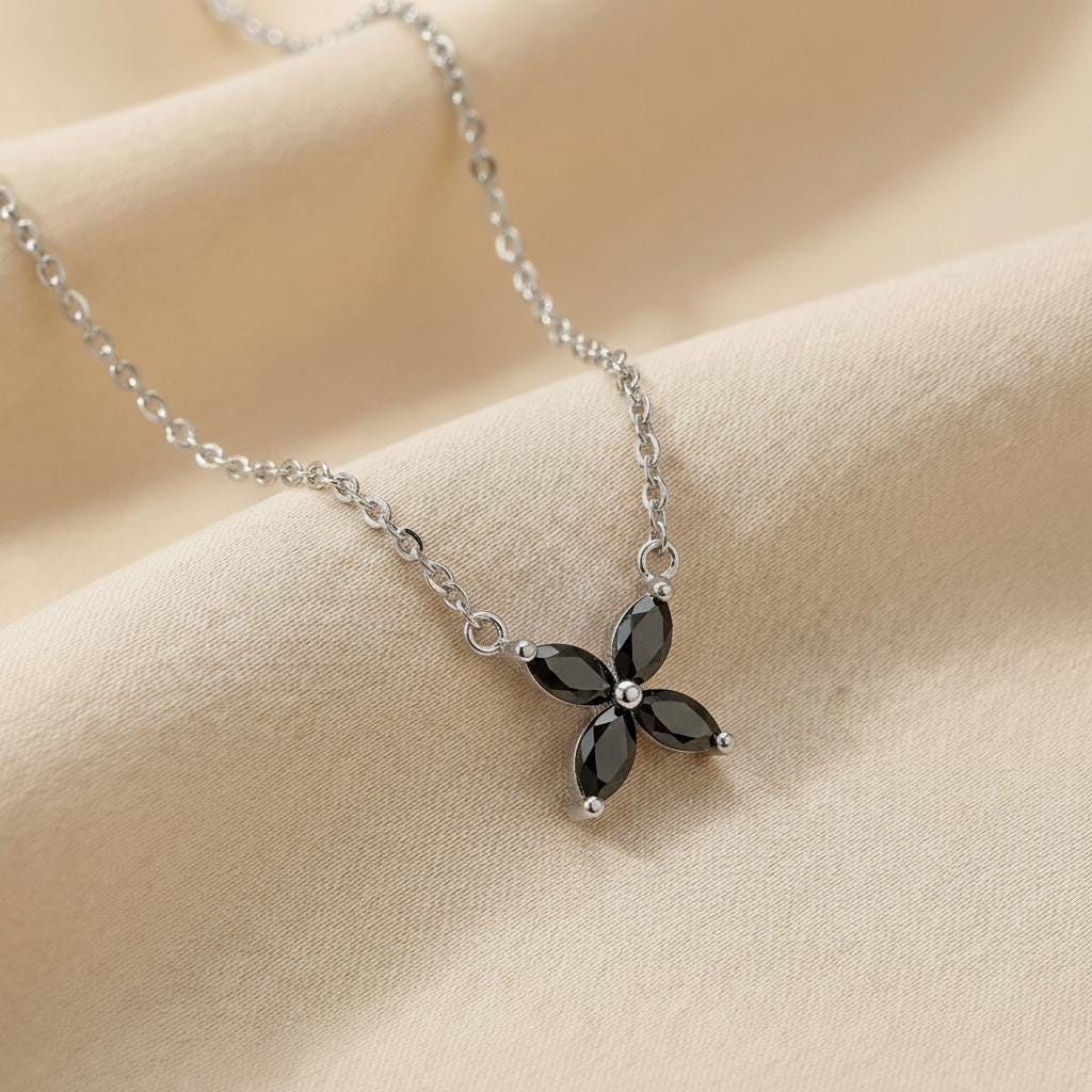 Black Diamond Flower Necklace, Sterling Silver Pendant, Dainty Bridesmaid Jewelry, Minimalist Bridal Party Gift for Her