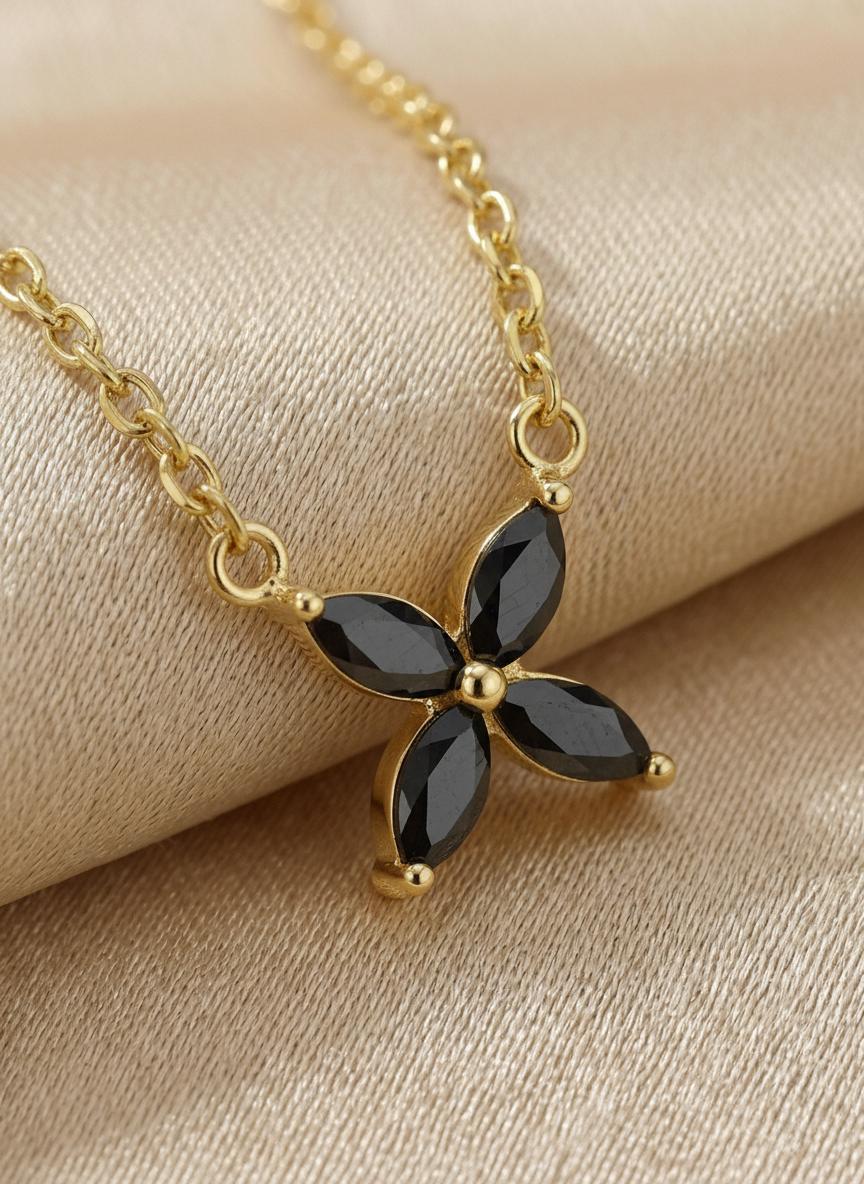 Black Diamond Flower Necklace, Sterling Silver Pendant, Dainty Bridesmaid Jewelry, Minimalist Bridal Party Gift for Her