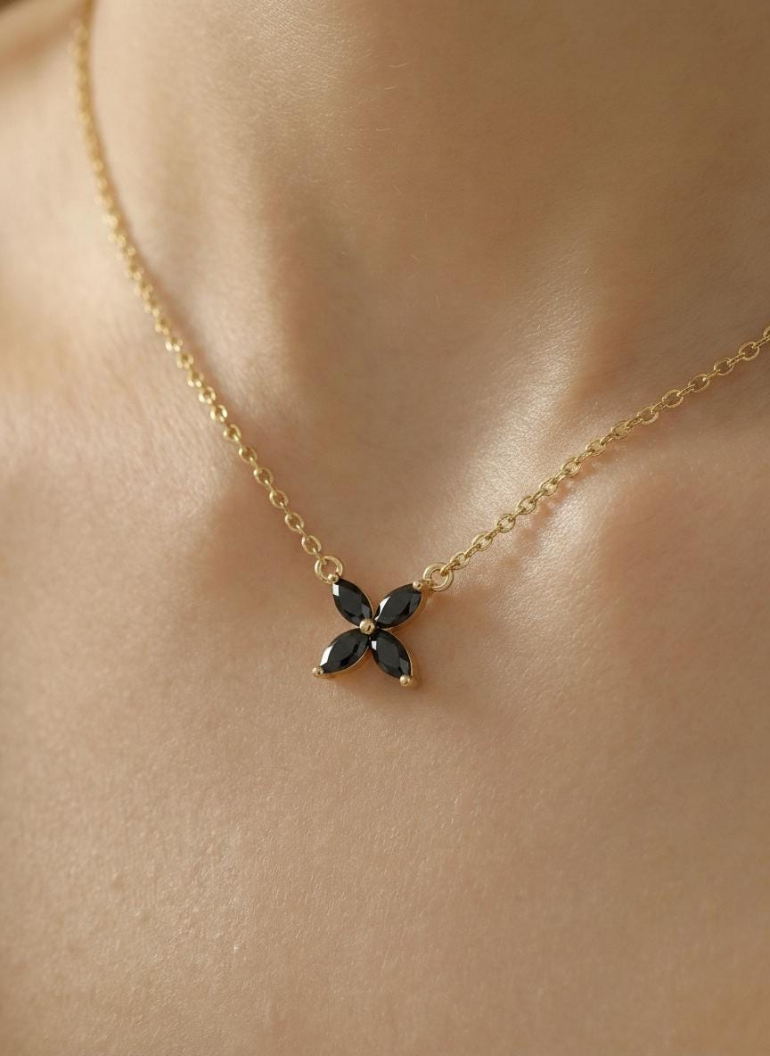 Black Diamond Flower Necklace, Sterling Silver Pendant, Dainty Bridesmaid Jewelry, Minimalist Bridal Party Gift for Her