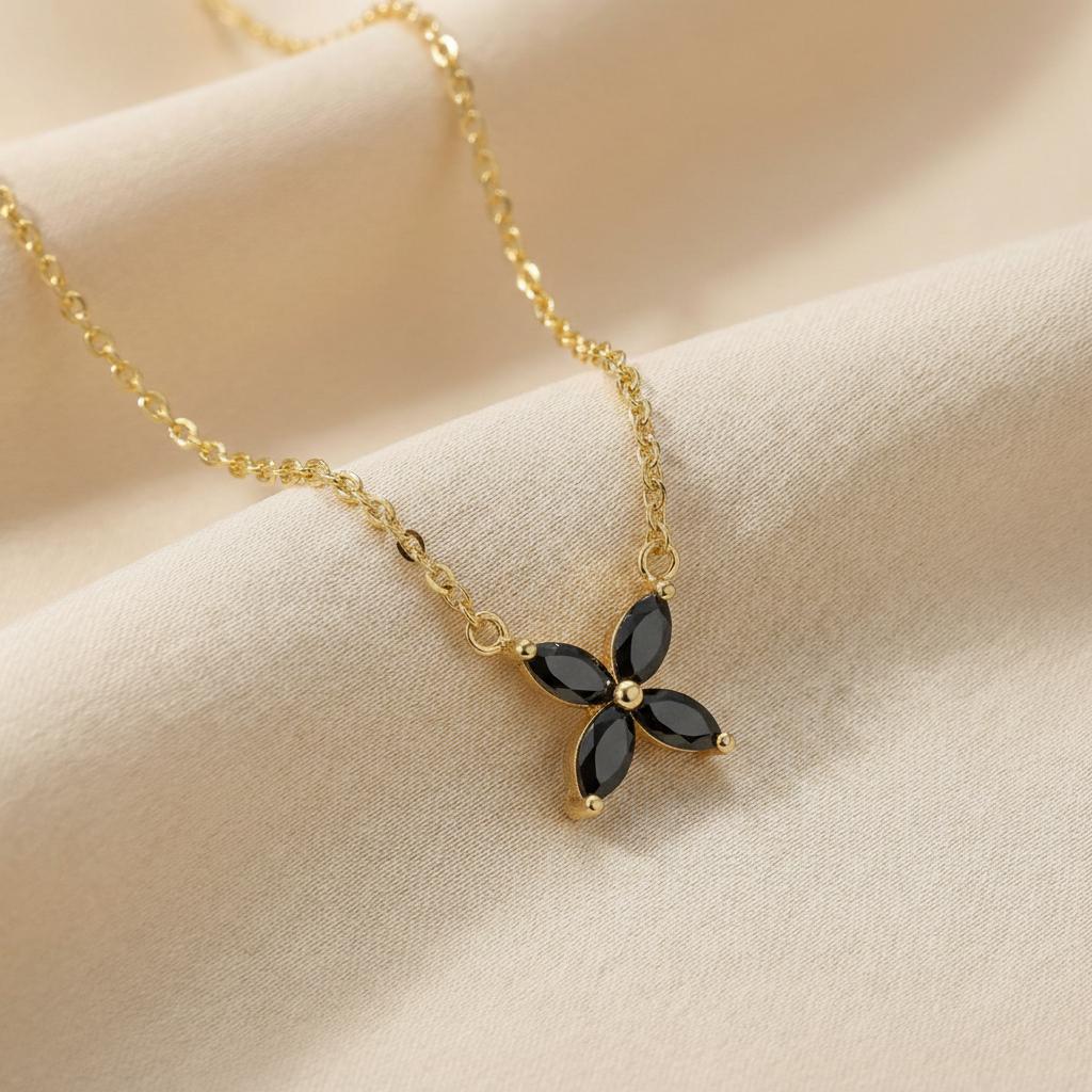 Black Diamond Flower Necklace, Sterling Silver Pendant, Dainty Bridesmaid Jewelry, Minimalist Bridal Party Gift for Her