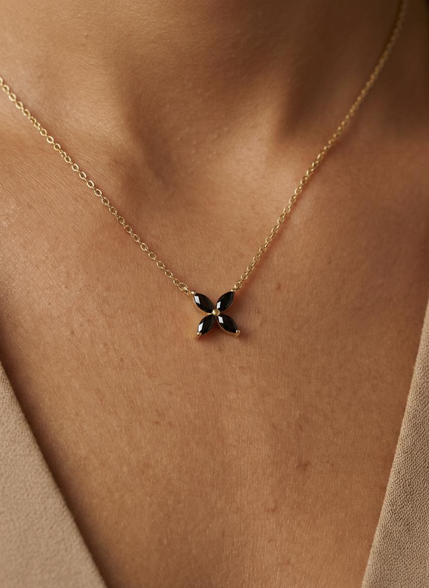 Black Diamond Flower Necklace, Sterling Silver Pendant, Dainty Bridesmaid Jewelry, Minimalist Bridal Party Gift for Her