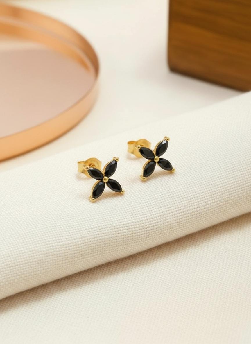 Black Diamond Flower Necklace, Sterling Silver Pendant, Dainty Bridesmaid Jewelry, Minimalist Bridal Party Gift for Her