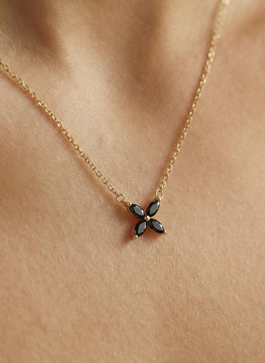 Black Diamond Flower Necklace, Sterling Silver Pendant, Dainty Bridesmaid Jewelry, Minimalist Bridal Party Gift for Her