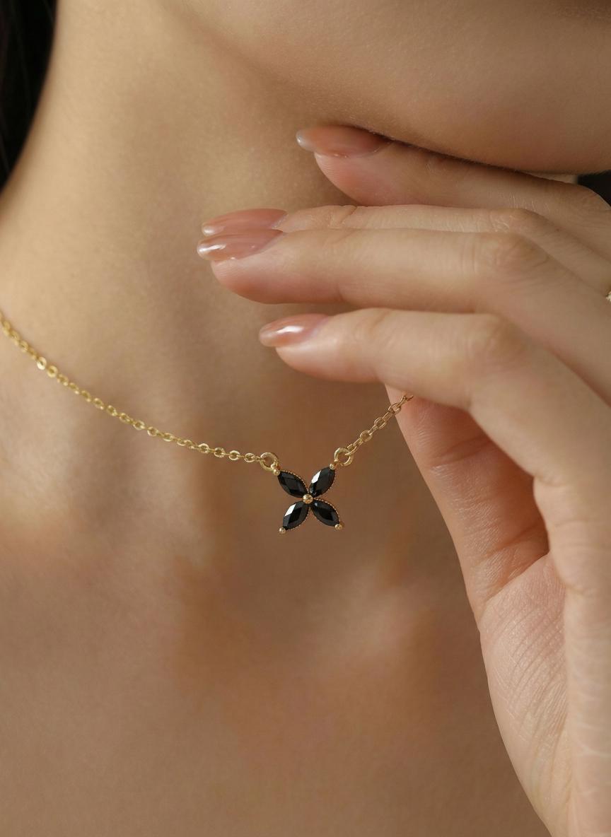Black Diamond Flower Necklace, Sterling Silver Pendant, Dainty Bridesmaid Jewelry, Minimalist Bridal Party Gift for Her