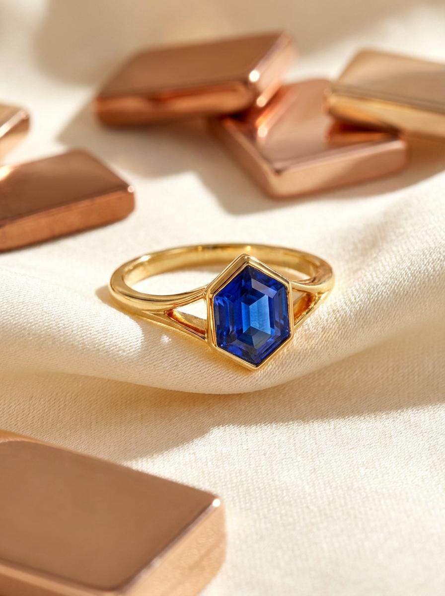 Vintage Bezel Setting Blue Sapphire Ring, Hexagon Cut September Birthstone Engagement Ring, 14K Solid Gold Anniversary Gift