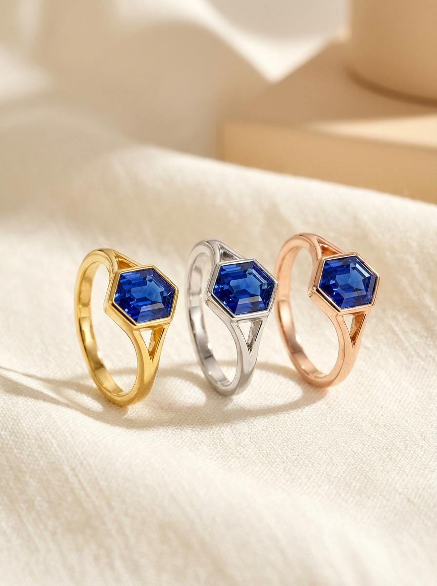 Vintage Bezel Setting Blue Sapphire Ring, Hexagon Cut September Birthstone Engagement Ring, 14K Solid Gold Anniversary Gift