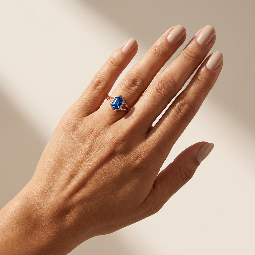 Vintage Bezel Setting Blue Sapphire Ring, Hexagon Cut September Birthstone Engagement Ring, 14K Solid Gold Anniversary Gift