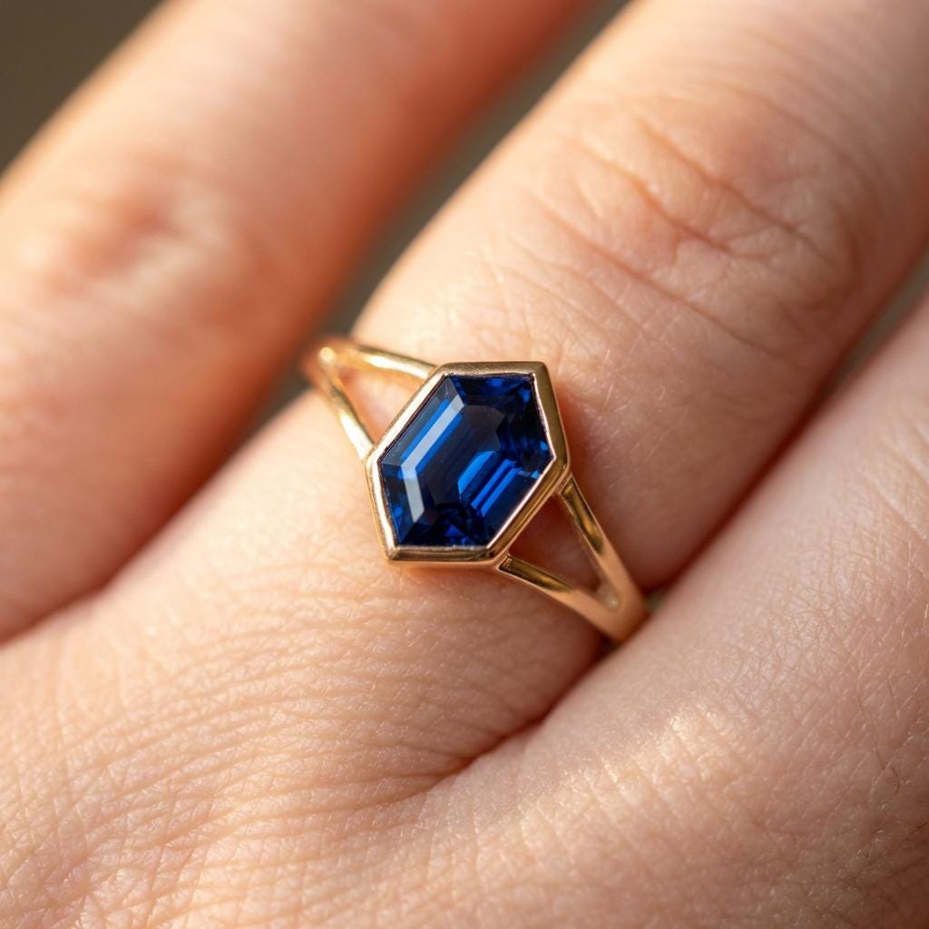 Vintage Bezel Setting Blue Sapphire Ring, Hexagon Cut September Birthstone Engagement Ring, 14K Solid Gold Anniversary Gift