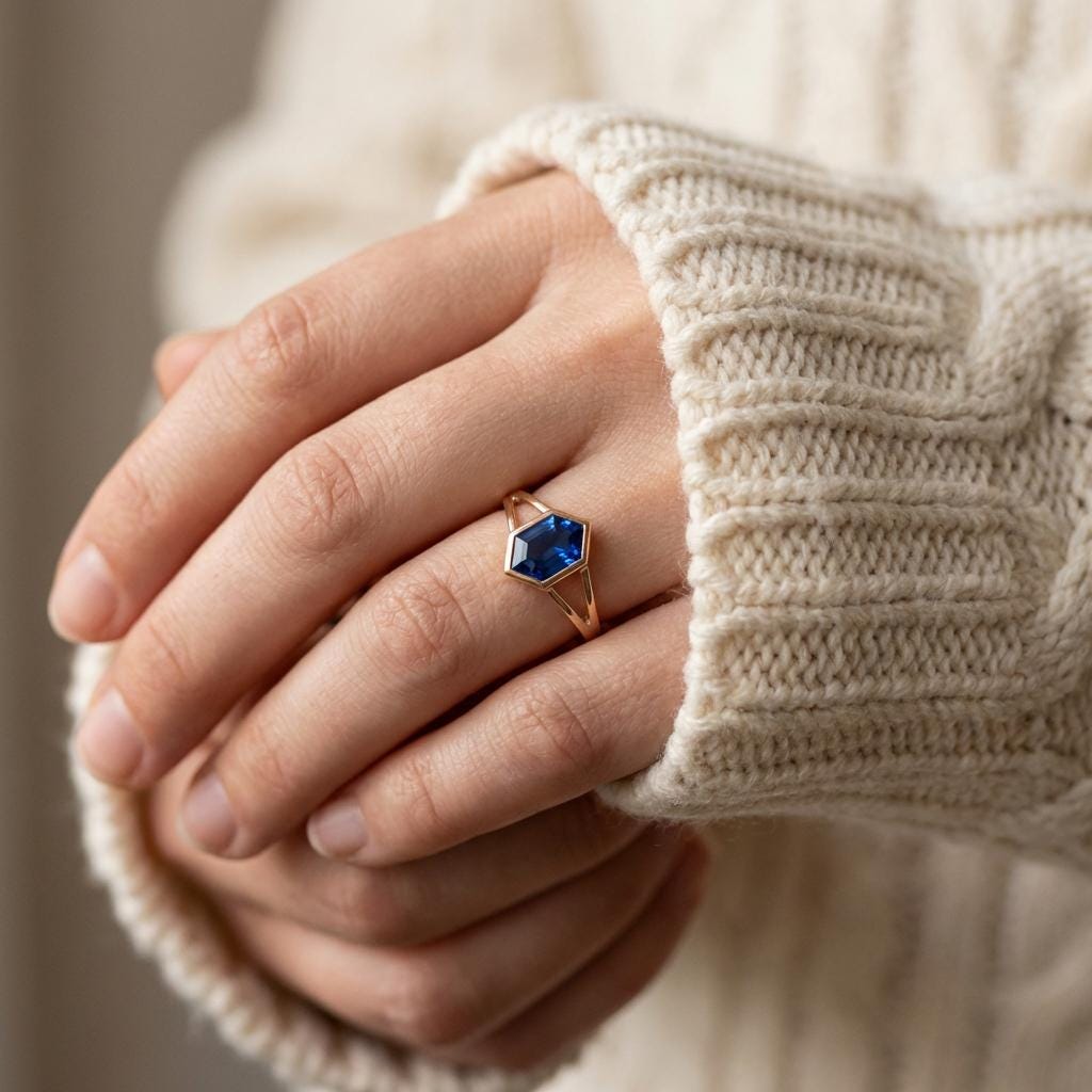 Vintage Bezel Setting Blue Sapphire Ring, Hexagon Cut September Birthstone Engagement Ring, 14K Solid Gold Anniversary Gift