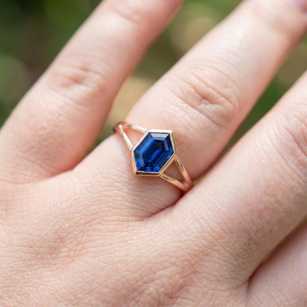 Vintage Bezel Setting Blue Sapphire Ring, Hexagon Cut September Birthstone Engagement Ring, 14K Solid Gold Anniversary Gift
