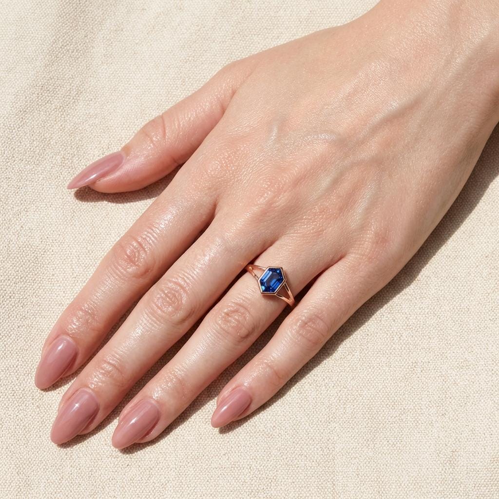 Vintage Bezel Setting Blue Sapphire Ring, Hexagon Cut September Birthstone Engagement Ring, 14K Solid Gold Anniversary Gift