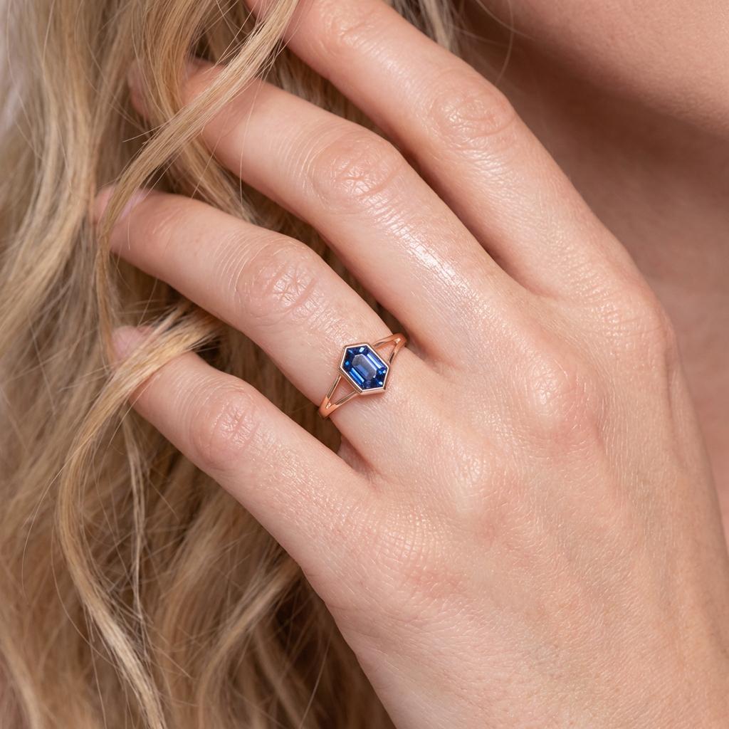 Vintage Bezel Setting Blue Sapphire Ring, Hexagon Cut September Birthstone Engagement Ring, 14K Solid Gold Anniversary Gift