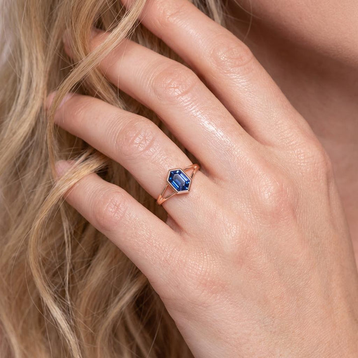 Vintage Bezel Setting Blue Sapphire Ring, Hexagon Cut September Birthstone Engagement Ring, 14K Solid Gold Anniversary Gift