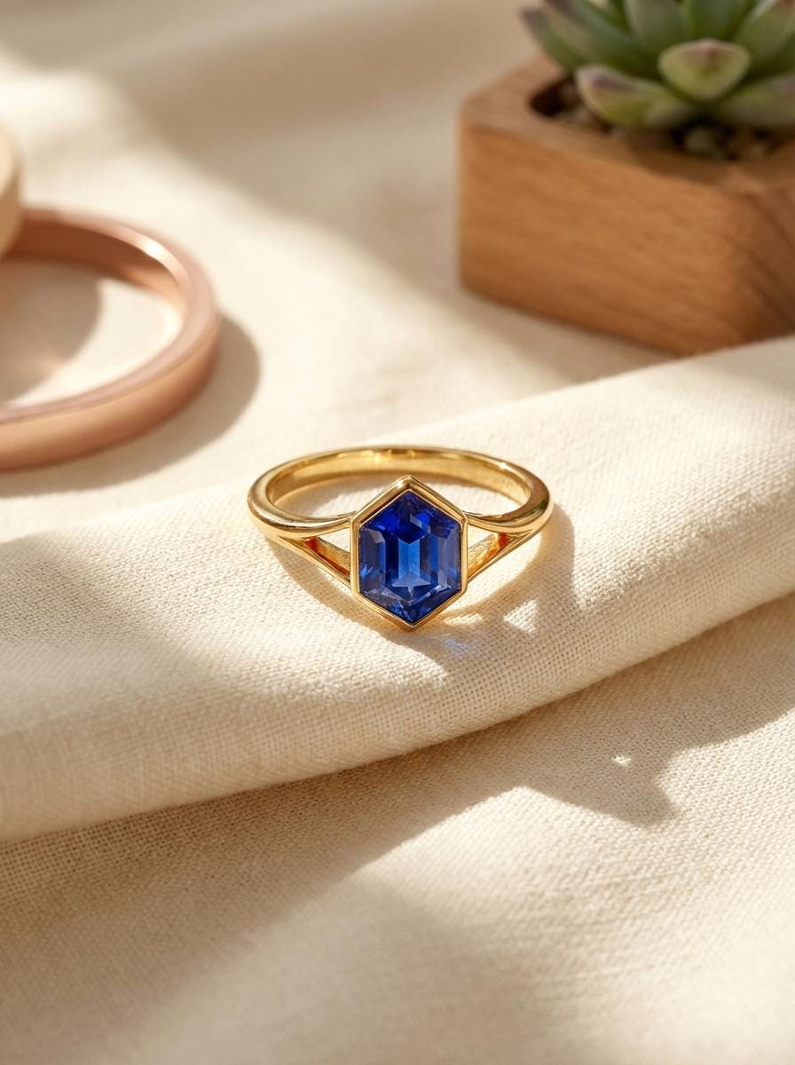Vintage Bezel Setting Blue Sapphire Ring, Hexagon Cut September Birthstone Engagement Ring, 14K Solid Gold Anniversary Gift