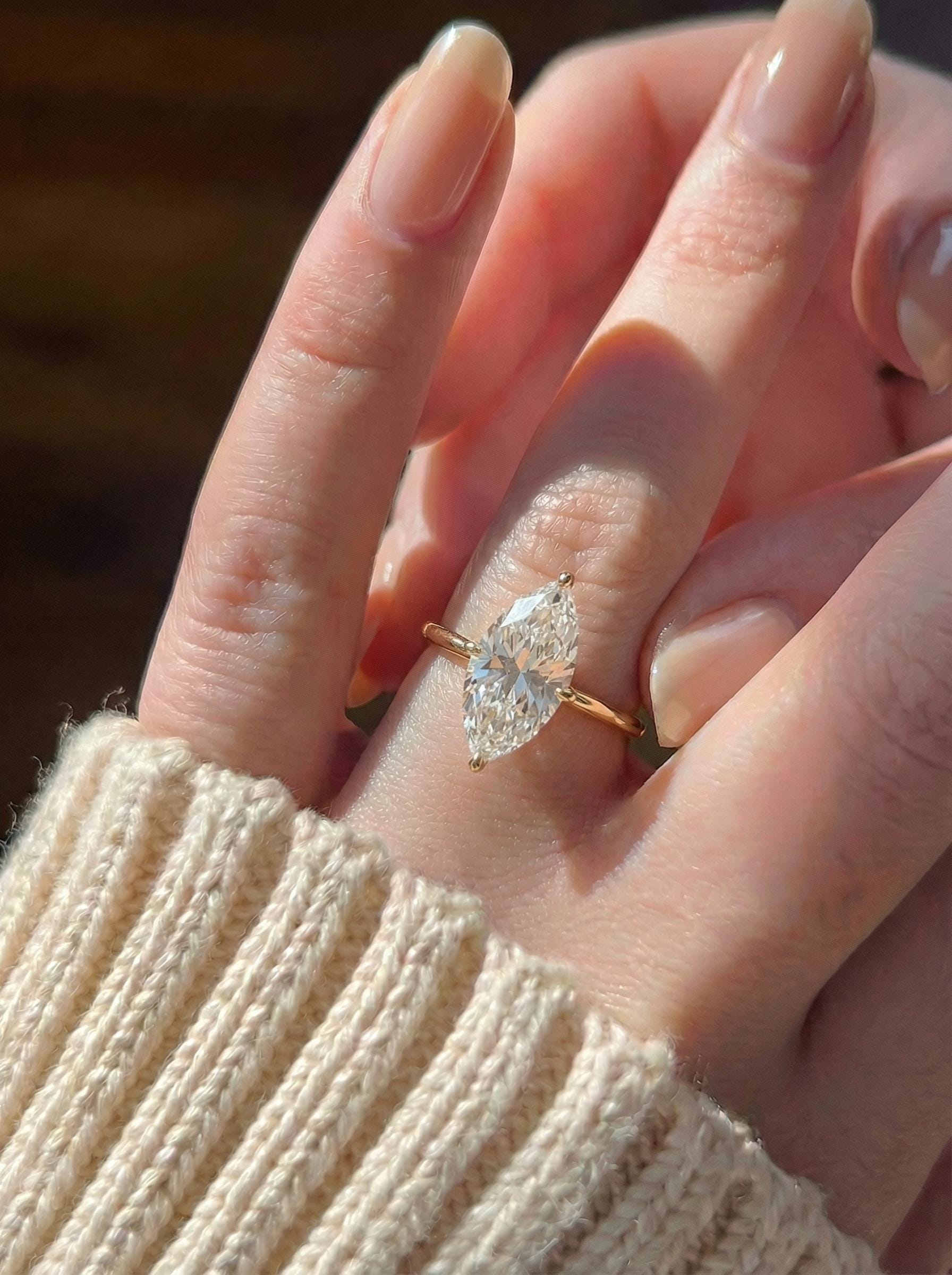 1.0ct - 2.0ct Marquise Cut Moissanite Ring, Knife Edge Solitaire Engagement Ring, 14K Gold Brilliant Solo Ring, April Birthstone Gift