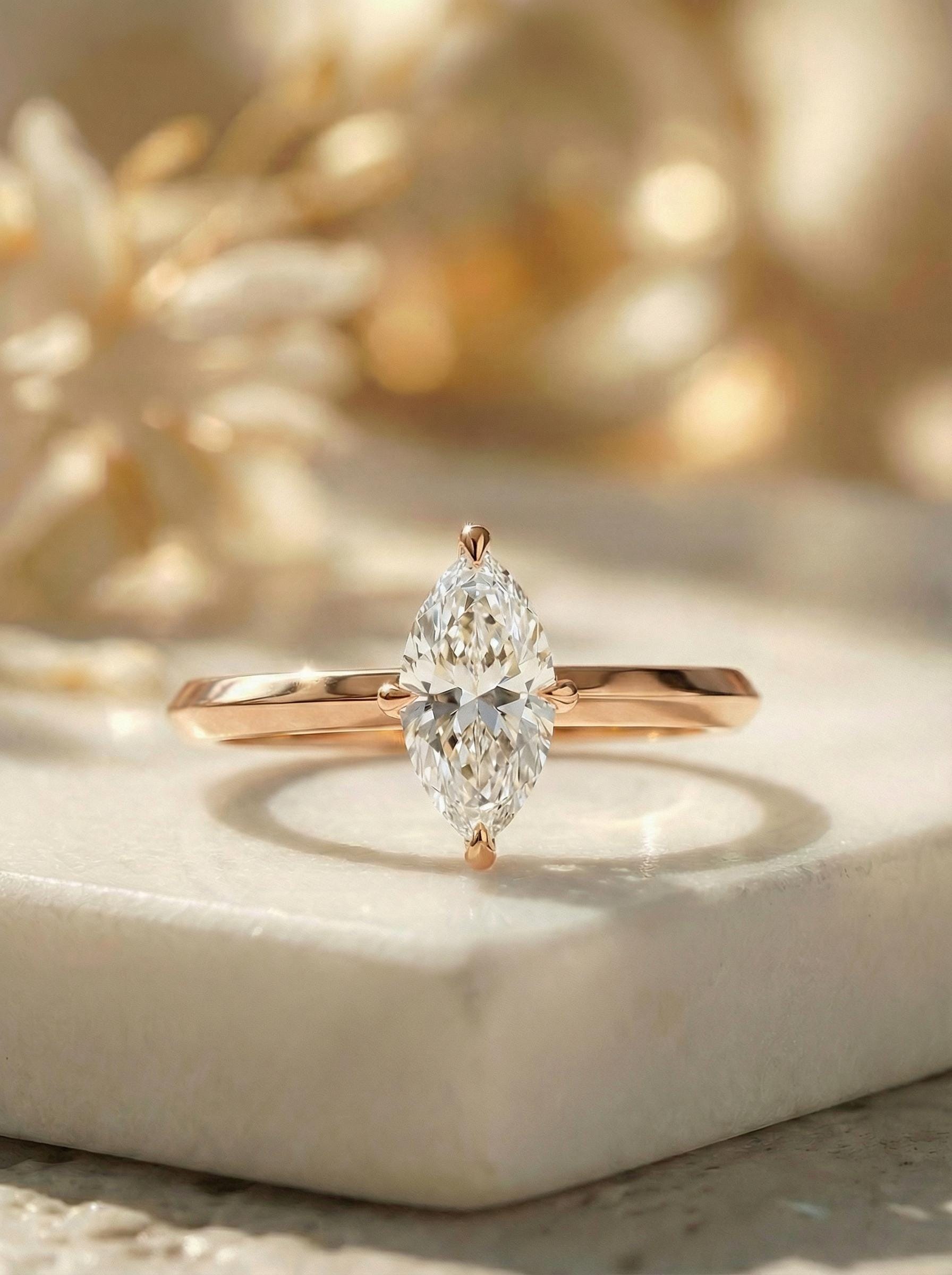 1.0ct - 2.0ct Marquise Cut Moissanite Ring, Knife Edge Solitaire Engagement Ring, 14K Gold Brilliant Solo Ring, April Birthstone Gift