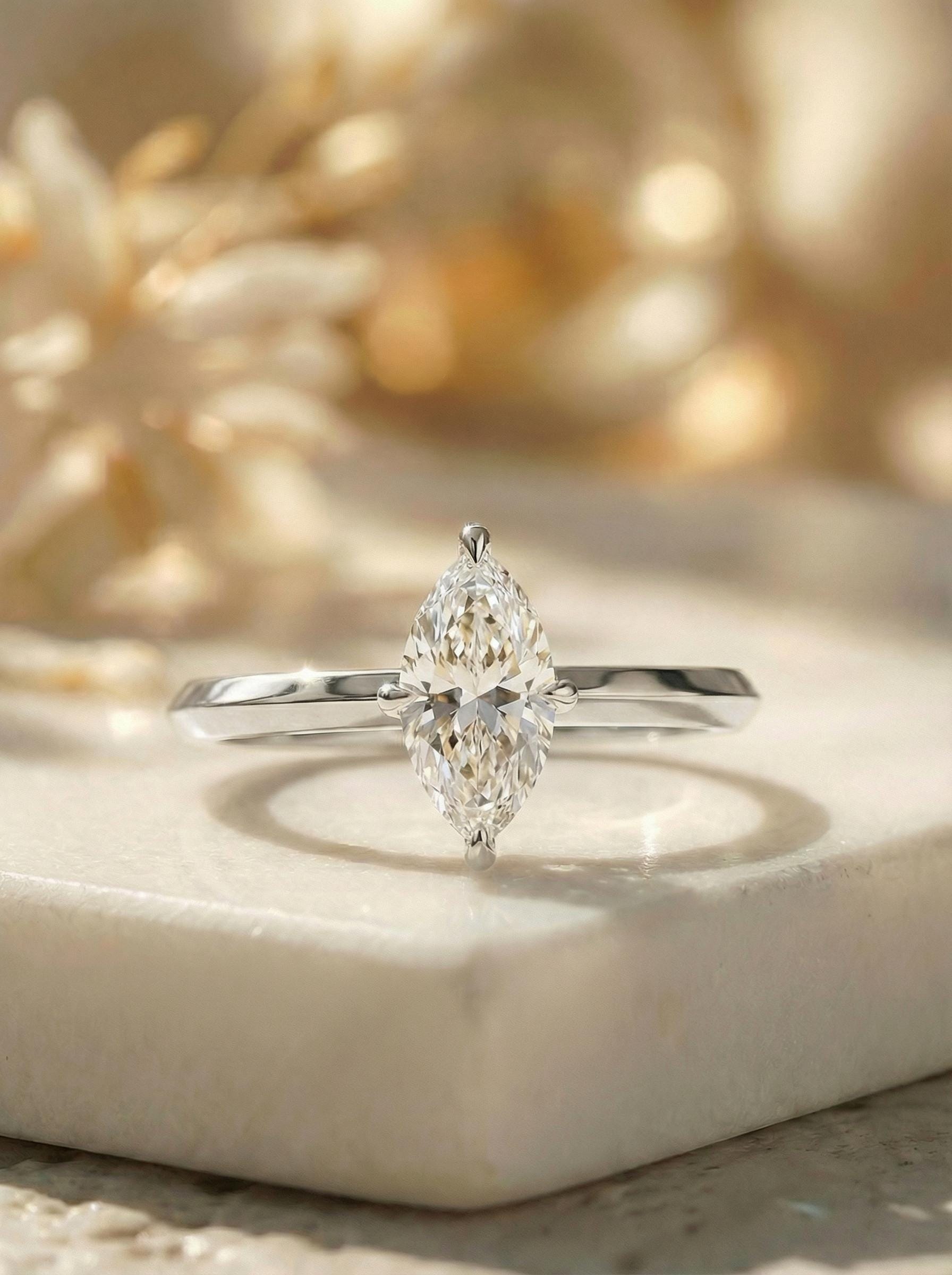1.0ct - 2.0ct Marquise Cut Moissanite Ring, Knife Edge Solitaire Engagement Ring, 14K Gold Brilliant Solo Ring, April Birthstone Gift