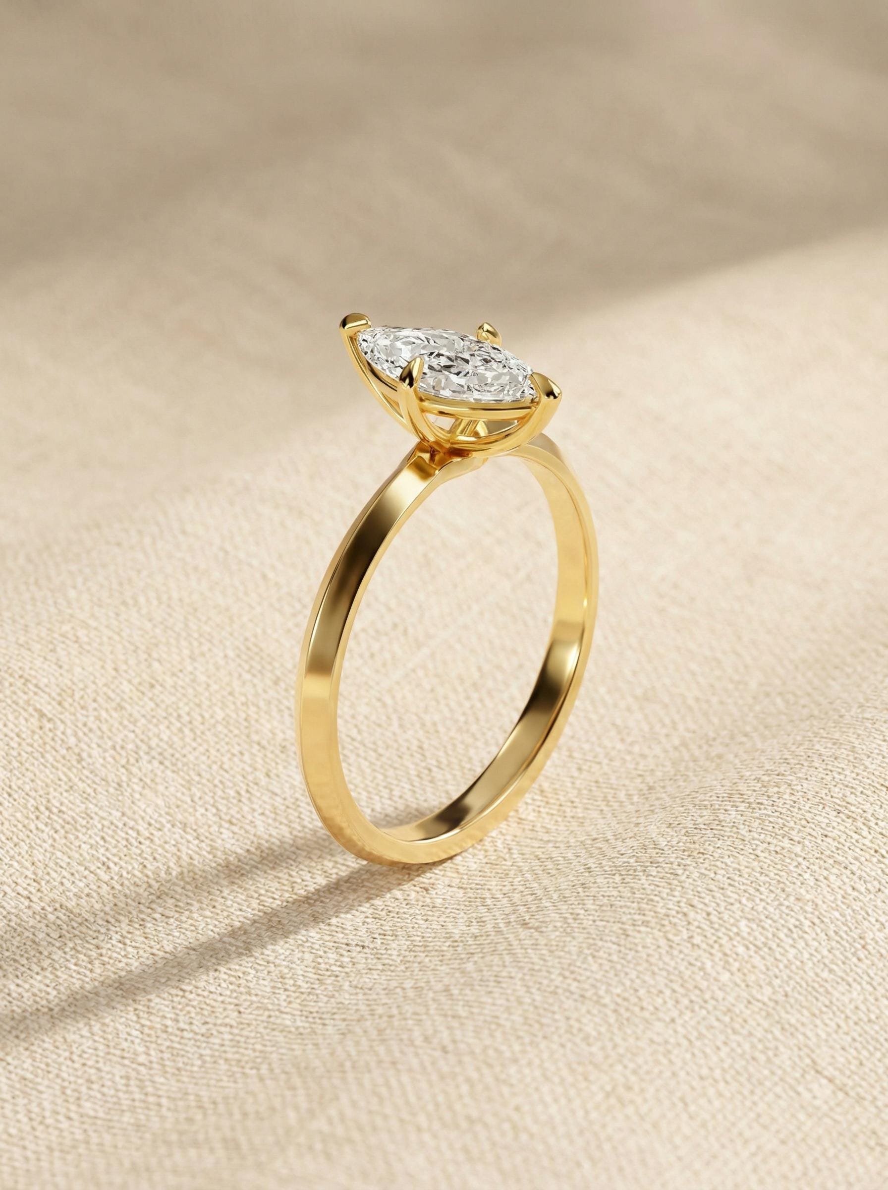 1.0ct - 2.0ct Marquise Cut Moissanite Ring, Knife Edge Solitaire Engagement Ring, 14K Gold Brilliant Solo Ring, April Birthstone Gift