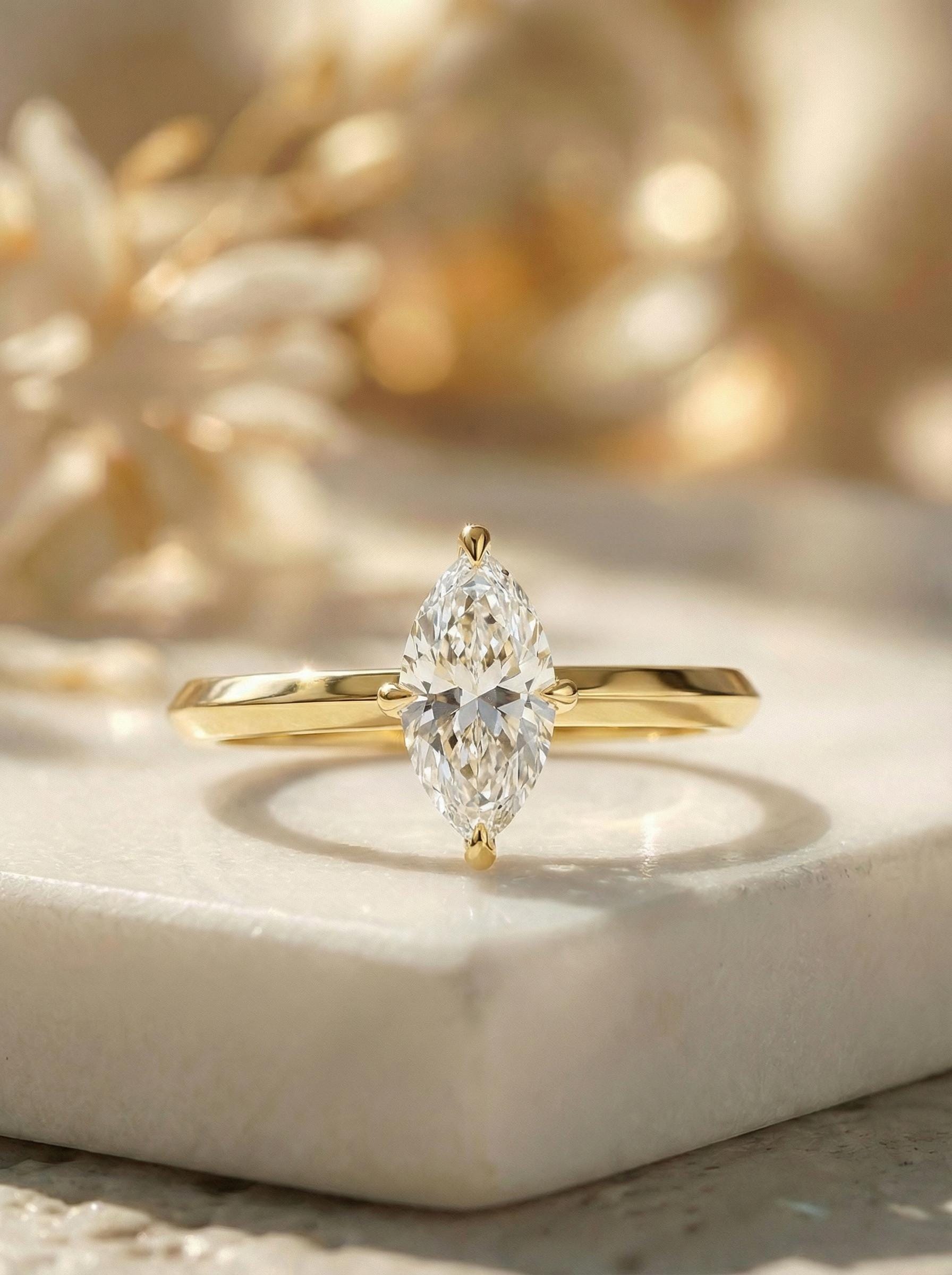 1.0ct - 2.0ct Marquise Cut Moissanite Ring, Knife Edge Solitaire Engagement Ring, 14K Gold Brilliant Solo Ring, April Birthstone Gift
