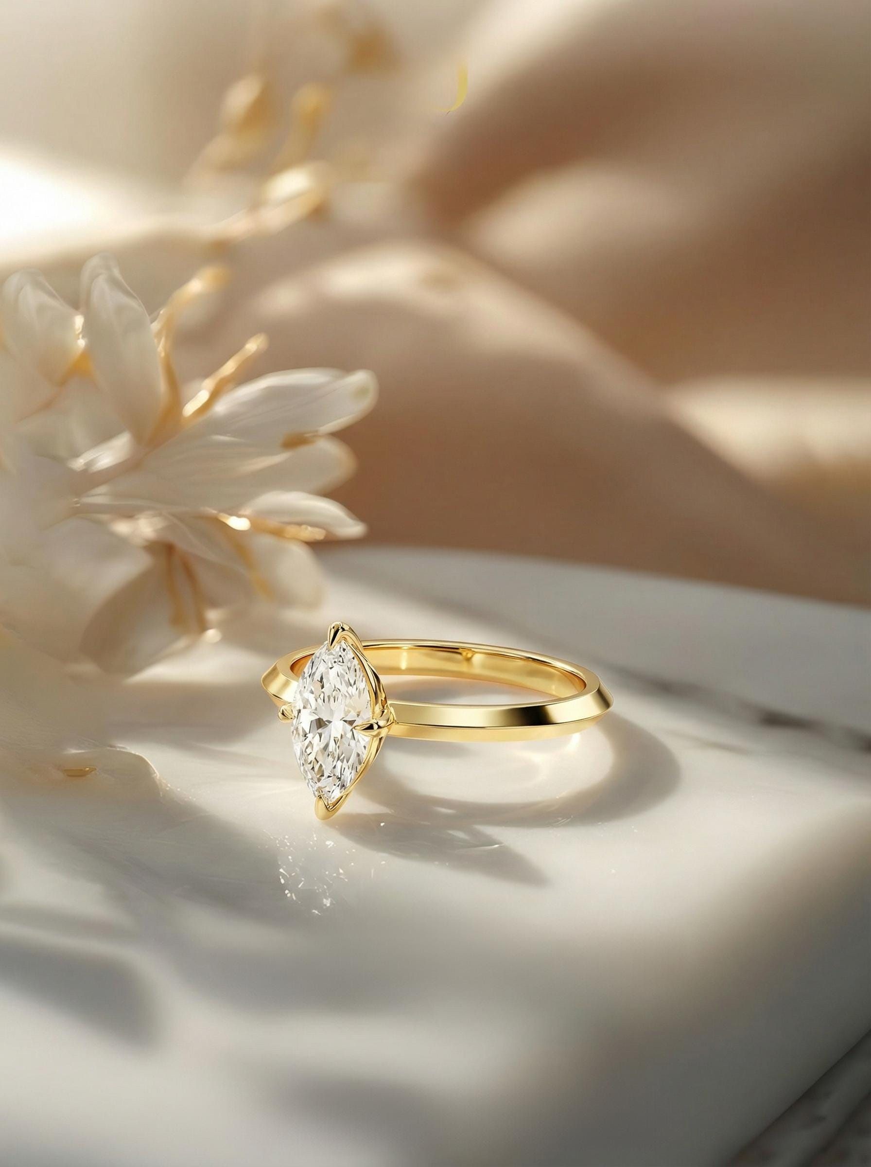 1.0ct - 2.0ct Marquise Cut Moissanite Ring, Knife Edge Solitaire Engagement Ring, 14K Gold Brilliant Solo Ring, April Birthstone Gift