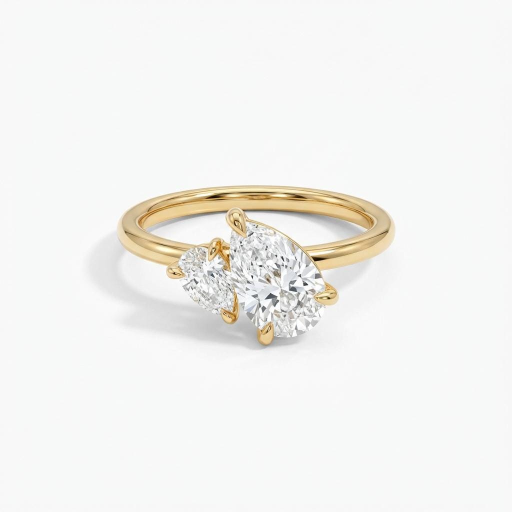 Moissanite Toi Et Moi Pear Cut Engagement Ring, Two Stone Promise Ring, Two-Stone Birthstone Statement Ring Gift, Mom Daughter Ring