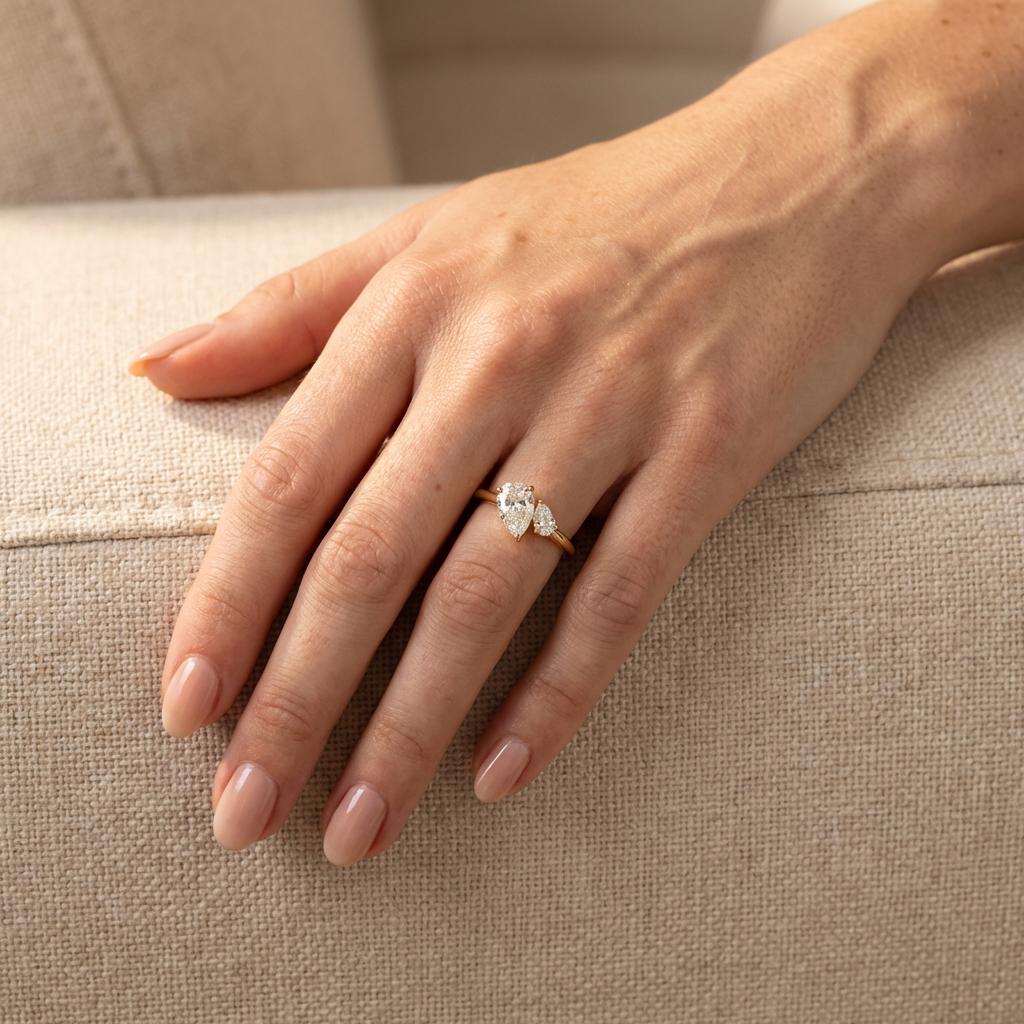 Moissanite Toi Et Moi Pear Cut Engagement Ring, Two Stone Promise Ring, Two-Stone Birthstone Statement Ring Gift, Mom Daughter Ring