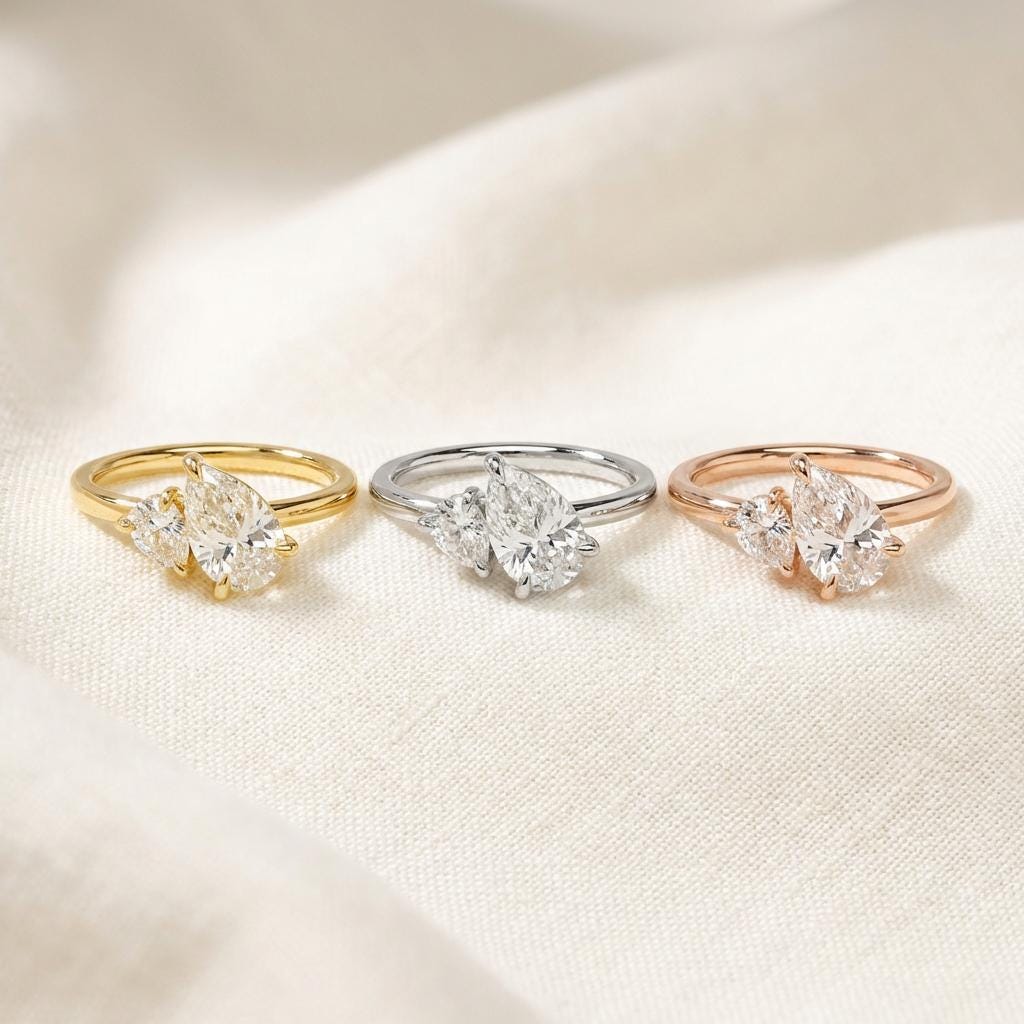 Moissanite Toi Et Moi Pear Cut Engagement Ring, Two Stone Promise Ring, Two-Stone Birthstone Statement Ring Gift, Mom Daughter Ring