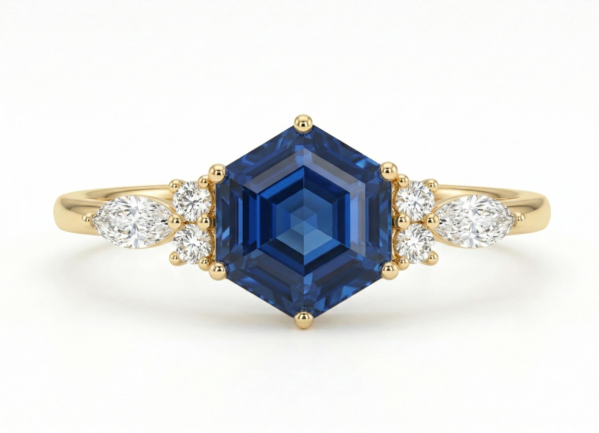 Vintage Hexagon Blue Sapphire and Moissanite Engagement Ring, Unique Wedding Ring September Birthstone Gift