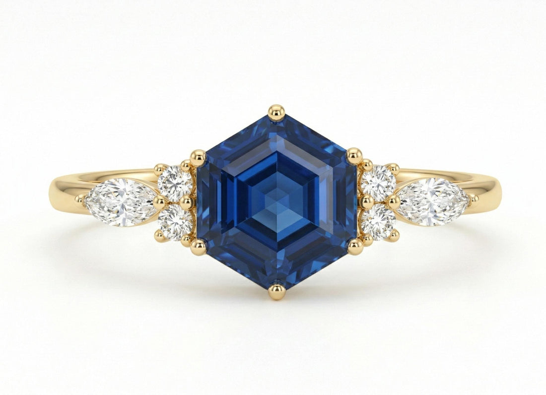 Vintage Hexagon Blue Sapphire and Moissanite Engagement Ring, Unique Wedding Ring September Birthstone Gift
