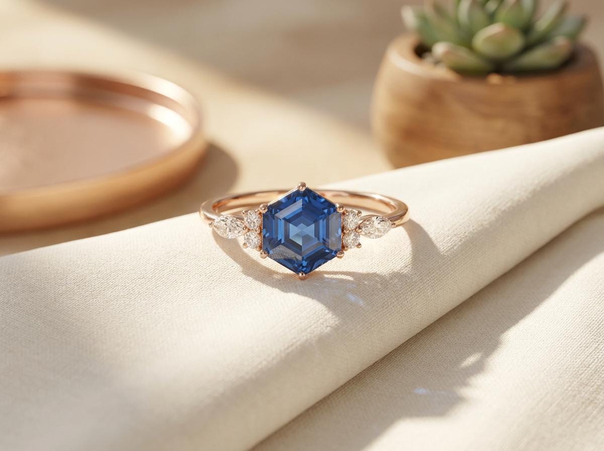 Vintage Hexagon Blue Sapphire and Moissanite Engagement Ring, Unique Wedding Ring September Birthstone Gift