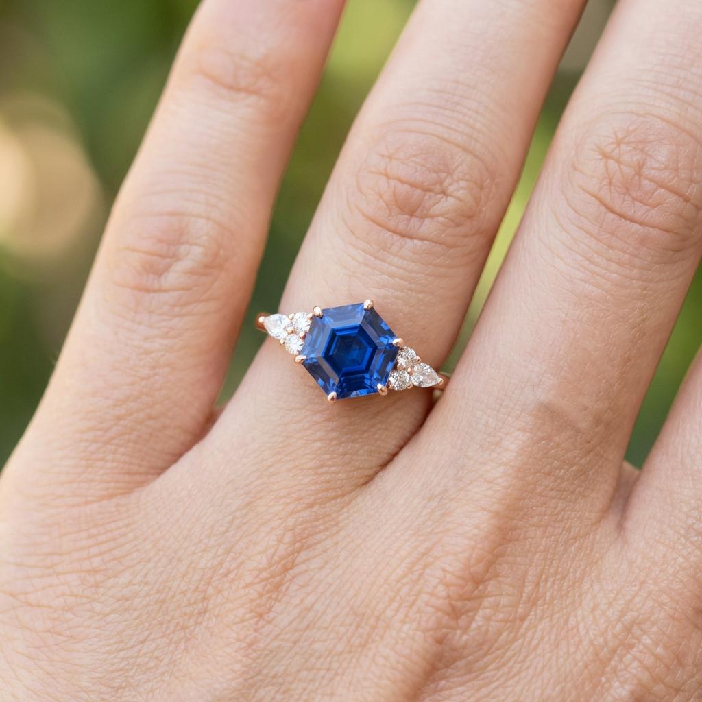 Vintage Hexagon Blue Sapphire and Moissanite Engagement Ring, Unique Wedding Ring September Birthstone Gift