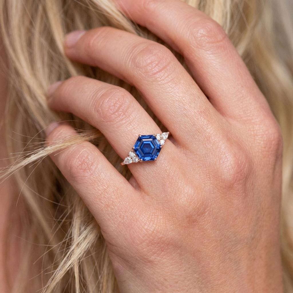 Vintage Hexagon Blue Sapphire and Moissanite Engagement Ring, Unique Wedding Ring September Birthstone Gift