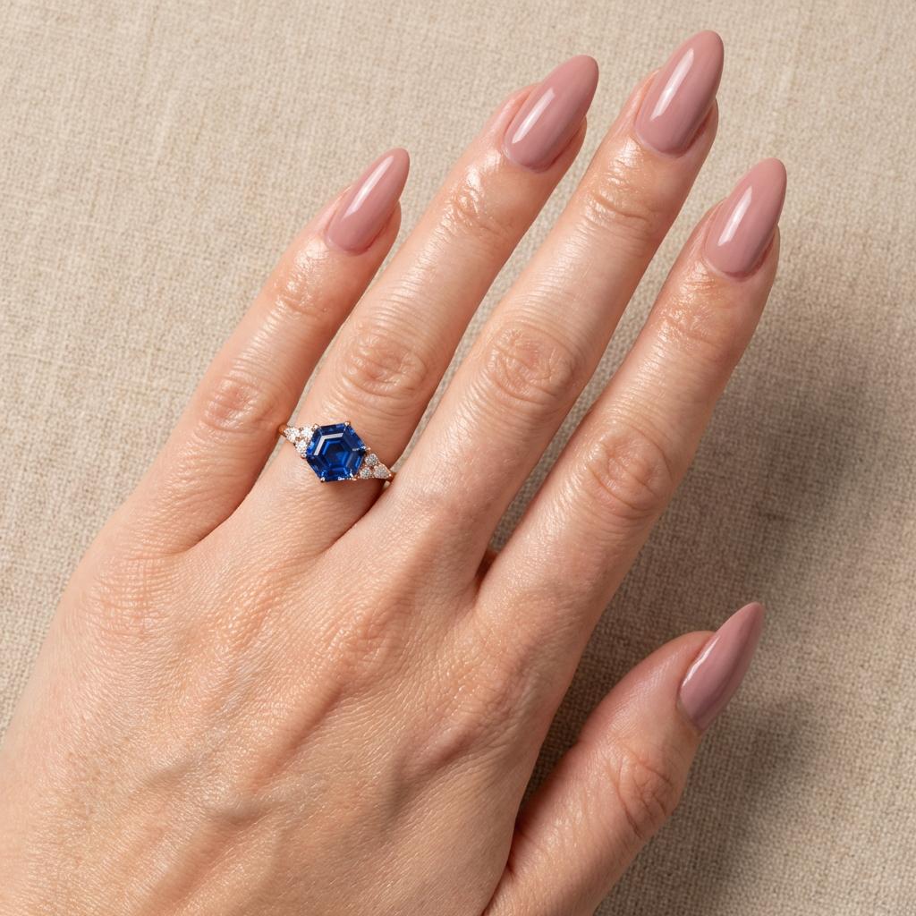 Vintage Hexagon Blue Sapphire and Moissanite Engagement Ring, Unique Wedding Ring September Birthstone Gift