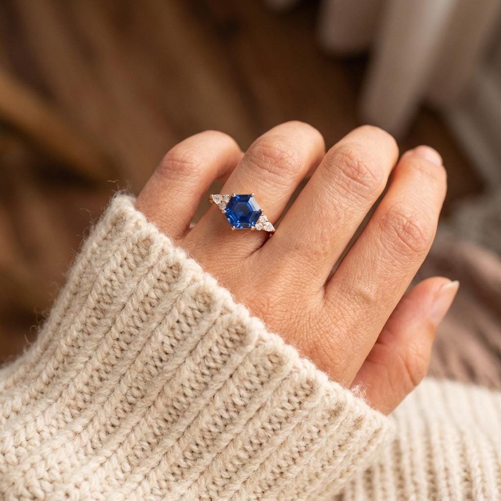 Vintage Hexagon Blue Sapphire and Moissanite Engagement Ring, Unique Wedding Ring September Birthstone Gift